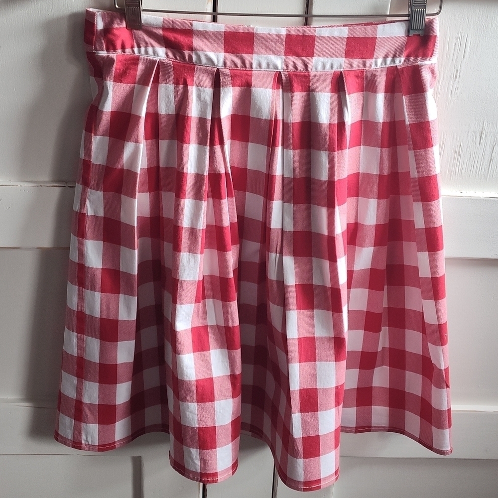 Women's Red And White Tomato Girl Summer Gingham Gathered Waist Midi Skirt | M